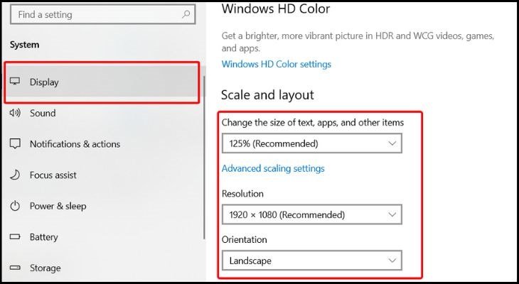 Chỉnh các thông số trong mục Scale and layout trên Windows