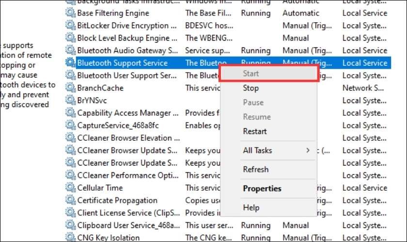 Khởi động lại Bluetooth Support Service trên máy tính Win 8