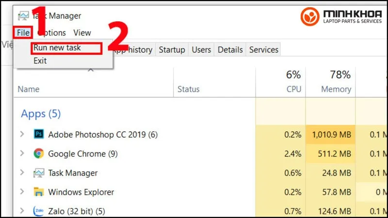 Chạy tác vụ mới để khôi phục giao diện
