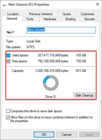 Cửa sổ Properties hiển thị dung lượng ổ đĩa