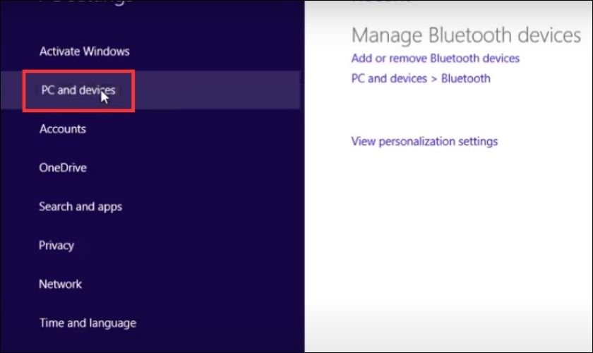 Chọn mục PC and devices để bật Bluetooth trên máy tính Win 8