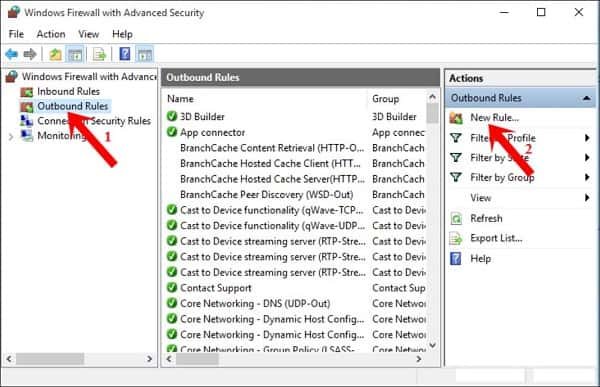 Tạo Outbound Rules trong Firewall chặn chơi game