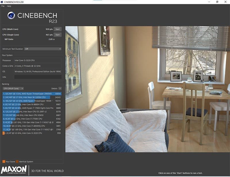phần mềm đo hiệu năng máy tính Cinebench hiển thị điểm số CPU và GPU