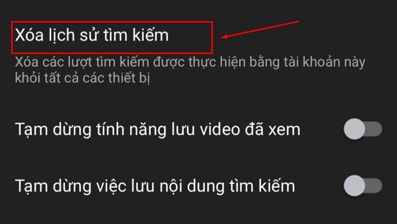 Tùy chọn 'Xóa lịch sử tìm kiếm' trong cài đặt quyền riêng tư của YouTube, minh họa hành động cuối cùng sau khi tìm lịch sử tìm kiếm trên máy tính.