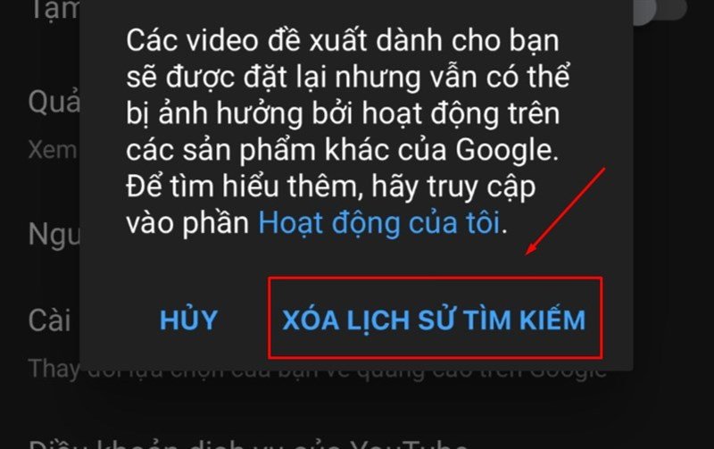 Xác nhận xóa lịch sử tìm kiếm trên YouTube, hoàn tất quá trình quản lý lịch sử tìm kiếm trên máy tính và các ứng dụng.