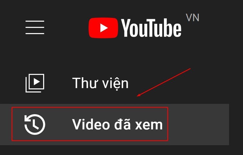 Giao diện YouTube trên máy tính, hiển thị mục 'Video đã xem' ở thanh điều hướng bên trái, giúp người dùng tìm lịch sử tìm kiếm trên máy tính.