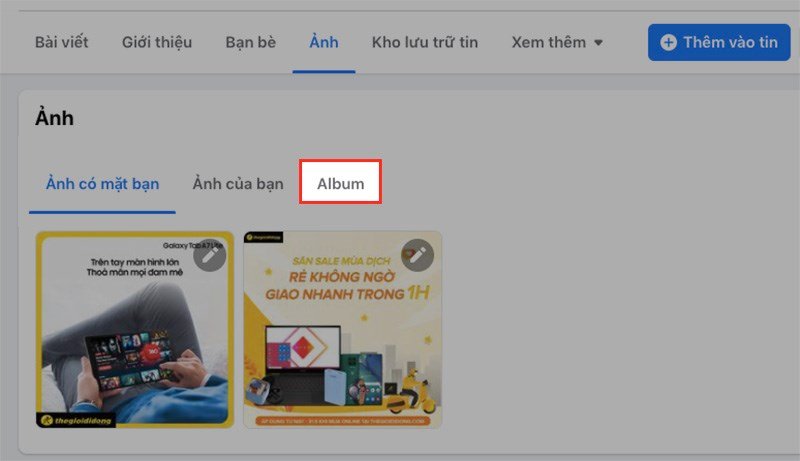 Cách xóa ảnh trên máy tính: Trong mục Ảnh trên Facebook máy tính, chọn Album để quản lý các bộ sưu tập ảnh
