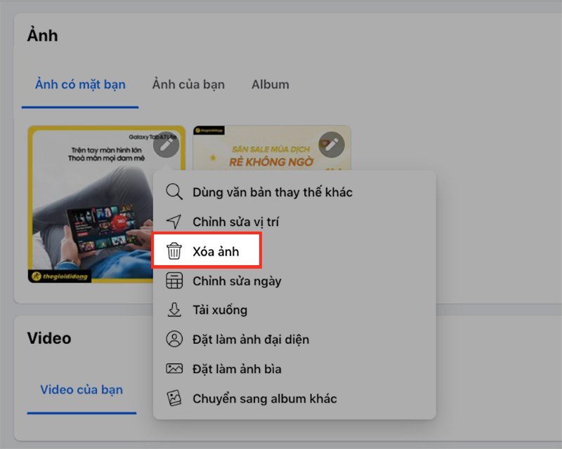Cách xóa ảnh trên máy tính: Chọn Xóa ảnh từ menu tùy chọn để gỡ bỏ hình ảnh đã chọn khỏi Facebook