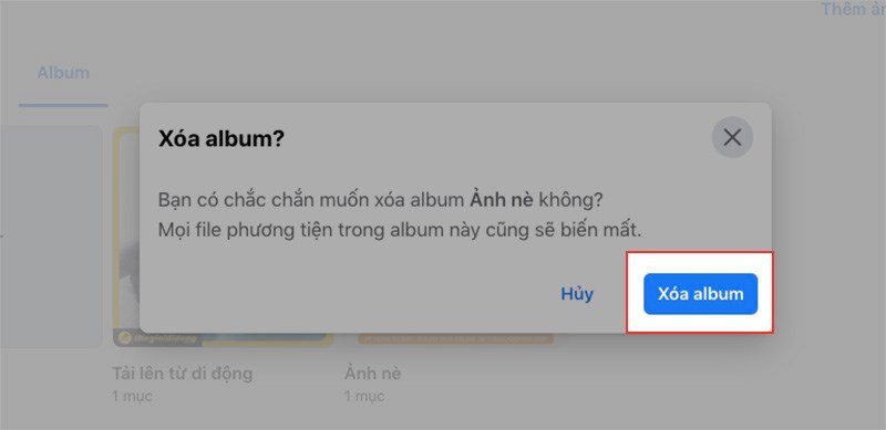 Cách xóa ảnh trên máy tính: Nhấn vào biểu tượng 3 dấu chấm trên album Facebook và chọn Xóa album để gỡ bỏ toàn bộ bộ sưu tập