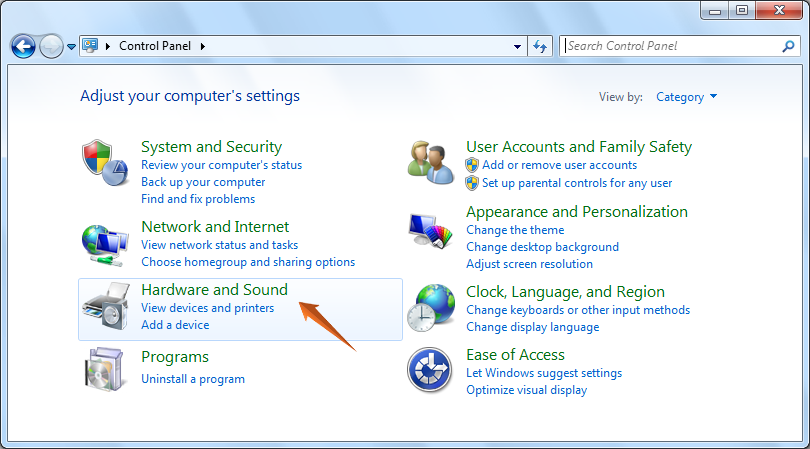 Cửa sổ Hardware and Sound trên Windows 7