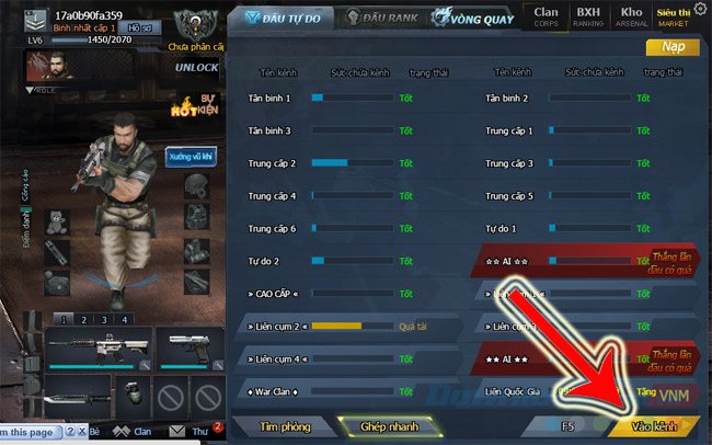 Giao diện chọn kênh chơi Truy Kích