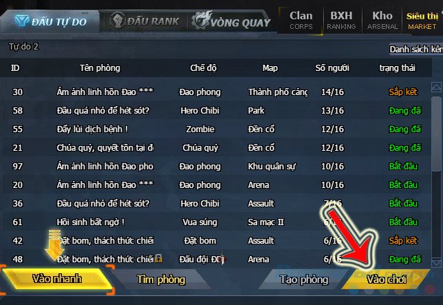 Giao diện chọn phòng và chế độ chơi Truy Kích