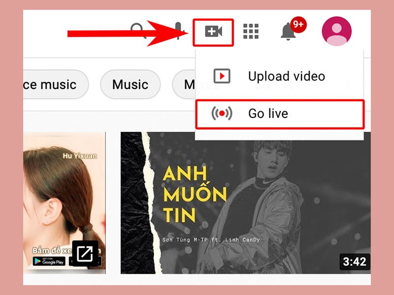 Giao diện YouTube với nút "Go live" được đánh dấu