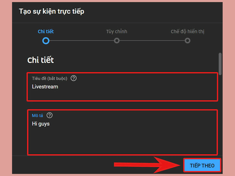 Giao diện nhập tiêu đề, mô tả và cài đặt đối tượng cho livestream