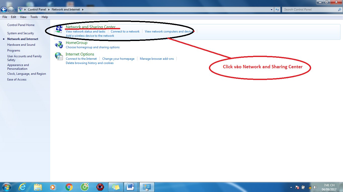 Chọn Network and Sharing Center