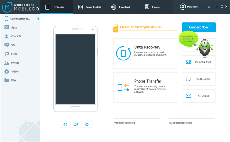 Wondershare MobileGo hiển thị các tùy chọn quản lý điện thoại