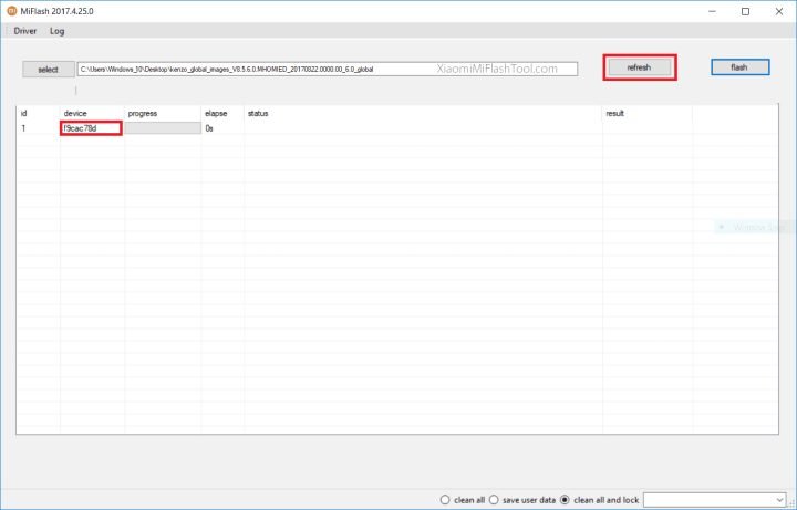 Giao diện Mi Flash Tool, nhấn nút Refresh để nhận diện thiết bị đã kết nối