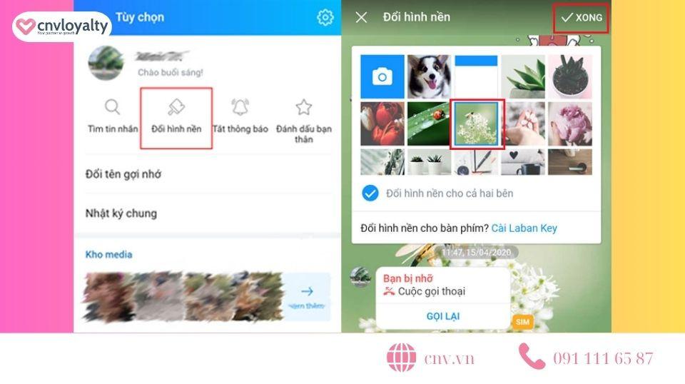 Giao diện chọn hình nền khung chat Zalo đơn giản