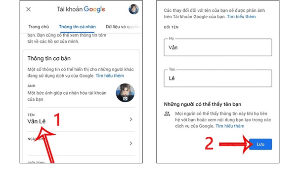 Nhấn vào Tên, nhập tên tài khoản mới mong muốn và nhấn Lưu để đổi tên cho máy tính