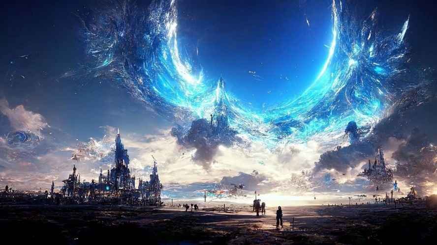 Ảnh anime cô gái với mái tóc tím bay trong gió, nhìn về phía chân trời với ánh sáng rực rỡ