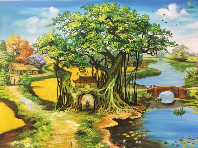 Hình nền máy tính tranh vẽ cảnh làng quê bình yên với hình ảnh cây đa và mái nhà ngói đỏ, một biểu tượng của quê hương.