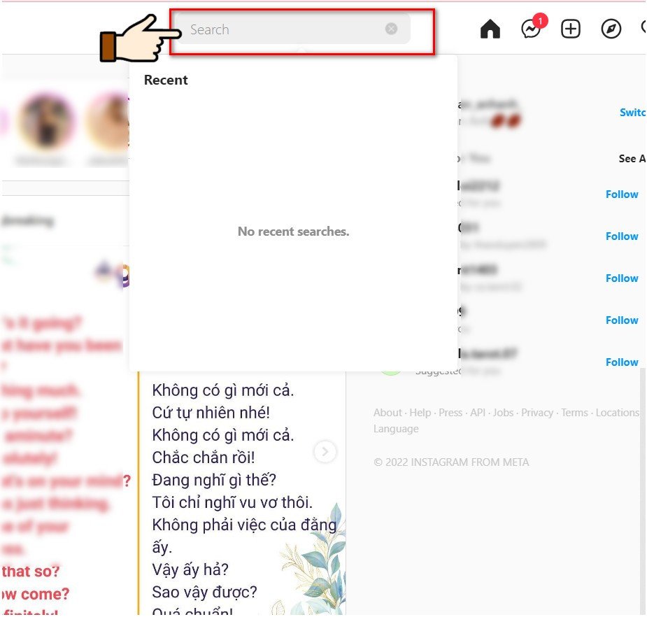Ảnh người dùng đang tìm kiếm tài khoản trên Instagram PC