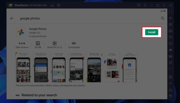 Nhấp Install để tải Google Photos cho máy tính qua giả lập