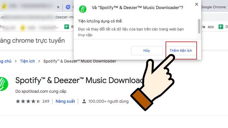 Giao diện trình duyệt Chrome với cửa sổ thông báo "Thêm tiện ích?" cho "Spotify & Deezer Music Downloader", minh họa quá trình cài đặt tiện ích tải nhạc cũ
