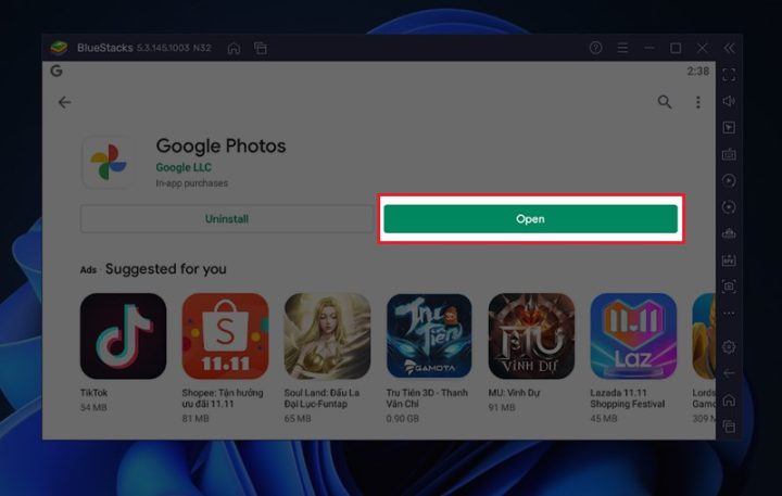 Mở Google Photos trên máy tính sau khi cài qua BlueStacks
