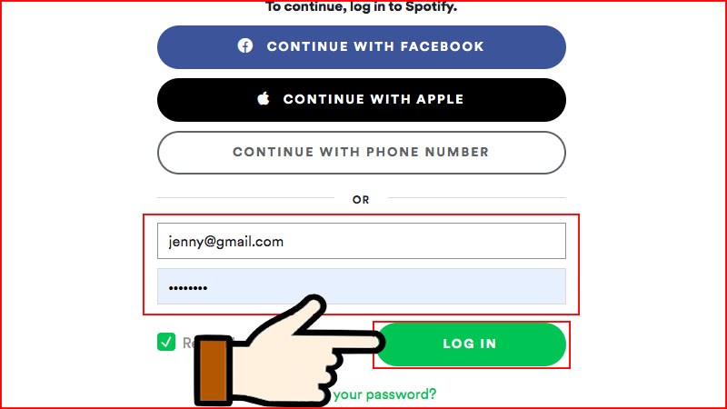 Giao diện đăng nhập vào Spotify trên web, hiển thị các tùy chọn đăng nhập bằng email, Facebook, Google và Apple