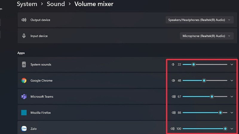 Hướng dẫn chỉnh âm thanh trên máy tính Windows 11: Điều chỉnh âm lượng ứng dụng trong Volume mixer