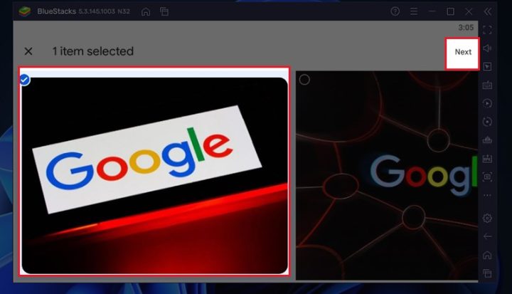 Chọn các ảnh muốn tải từ Google Photos trên BlueStacks