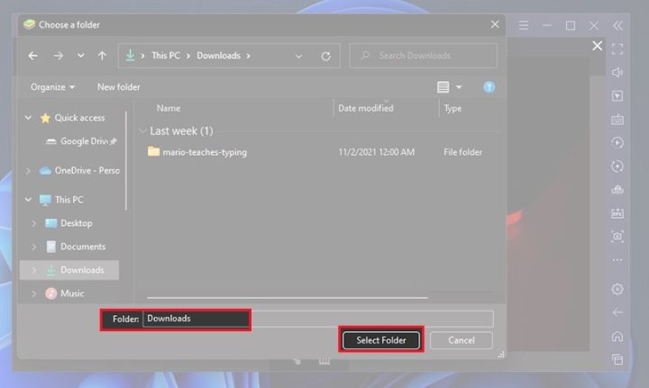Chọn thư mục trên máy tính để lưu ảnh từ Google Photos qua BlueStacks
