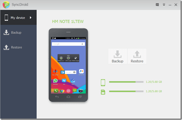 Giao diện phần mềm kết nối máy tính SyncDroid với các tùy chọn sao lưu dữ liệu