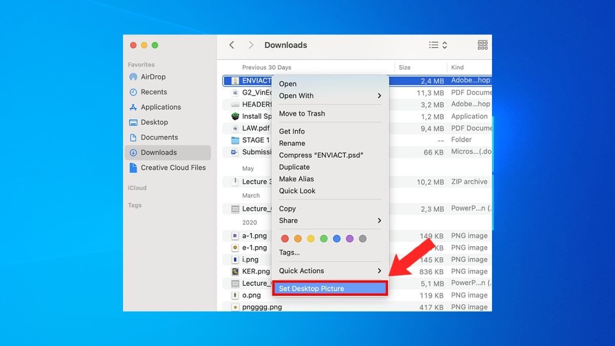 Bạn chọn Set Desktop Picture để đặt ảnh màn hình nền