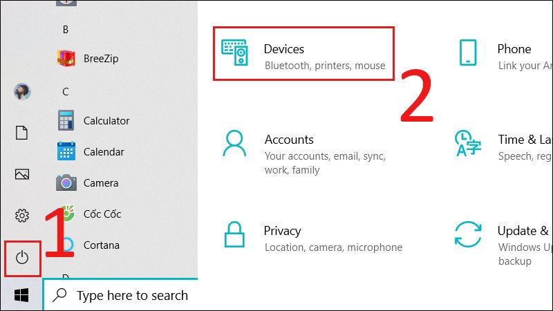 Bạn nhấn nút Start, chọn biểu tượng Cài đặt, chọn Devices