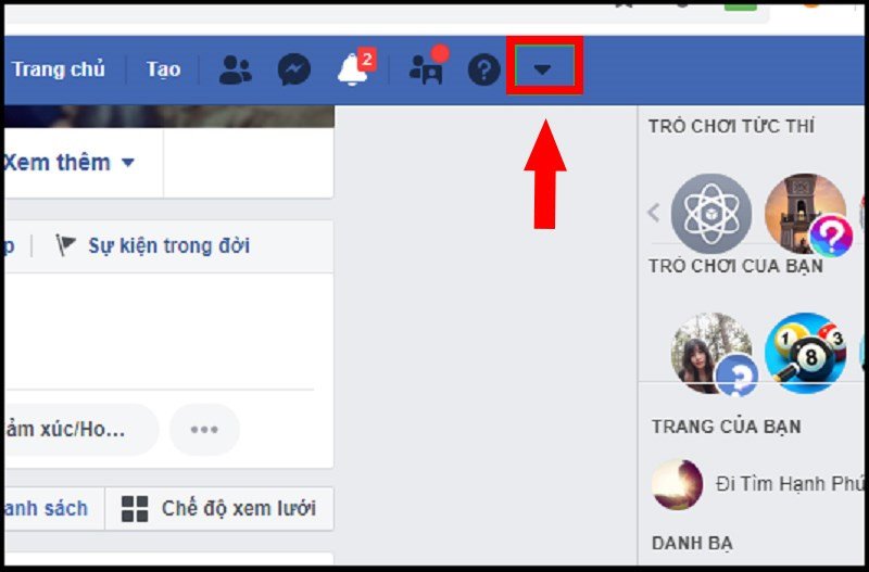 Biểu tượng tam giác ngược trên Facebook để mở menu cài đặt