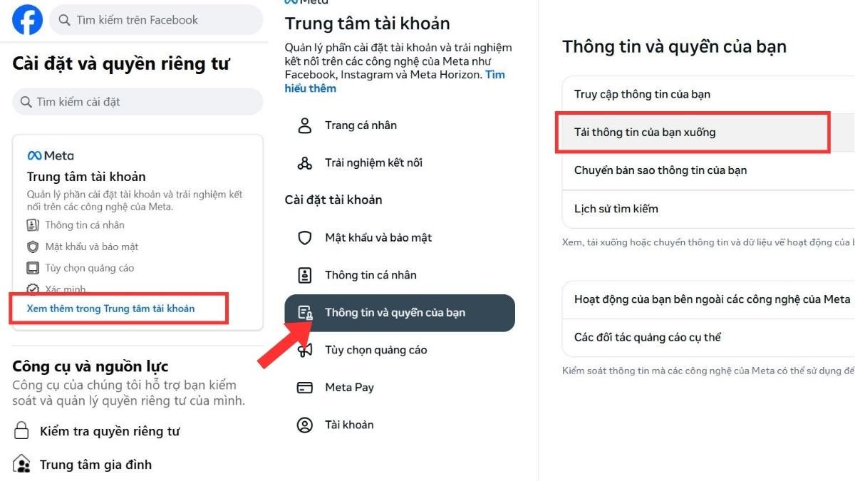 Các bước sao lưu tin nhắn Messenger trên máy tính: Bước 2 - Vào Trung tâm tài khoản và tùy chọn thông tin của bạn