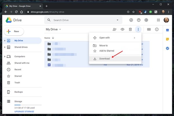 Tải dữ liệu Drive về máy tính - Nhấn Download