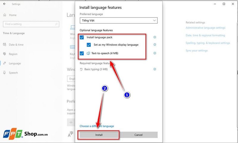 Các tùy chọn cài đặt gói ngôn ngữ Tiếng Việt, bao gồm Set as my Windows display language