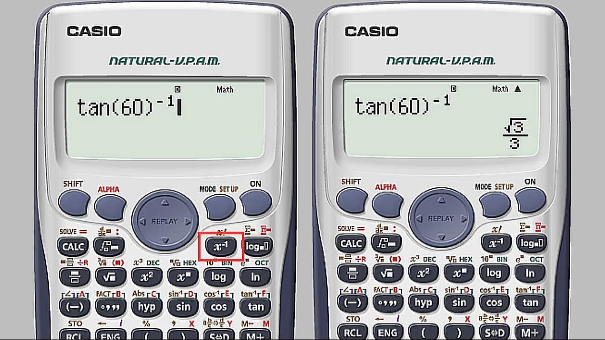 Màn hình Casio FX-570VN Plus hiển thị "tan(30)^-1" và kết quả