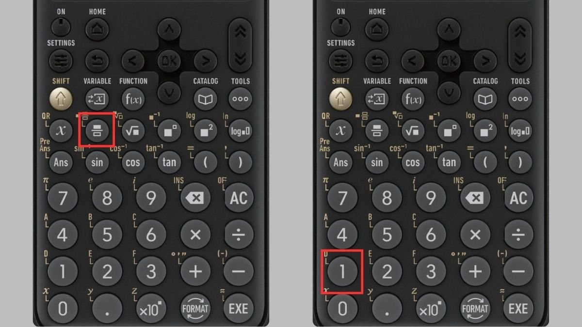 Màn hình Casio FX-880BT hiển thị phân số với "1" ở tử số