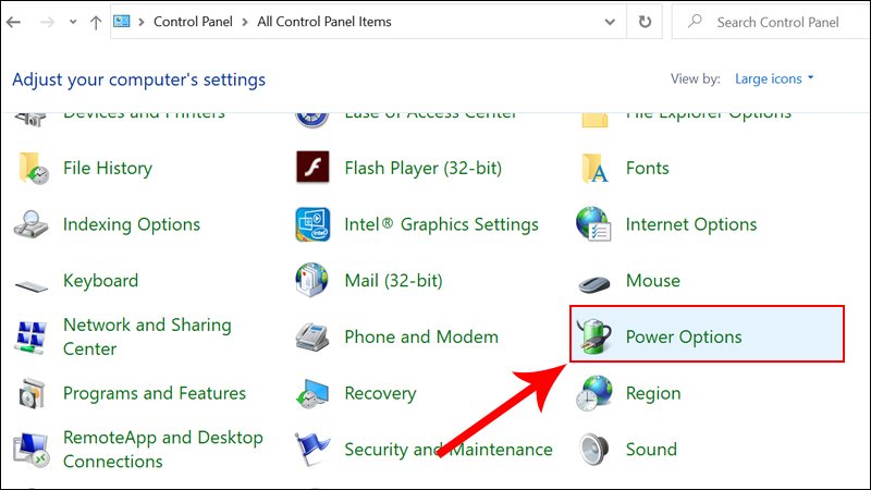 Điều hướng đến Power Options trong Control Panel