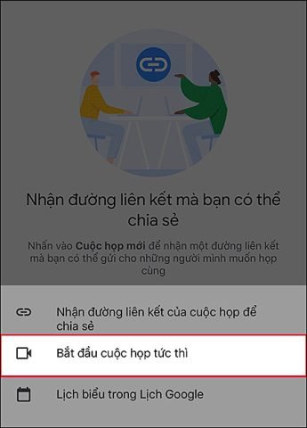 Chọn Bắt đầu cuộc họp tức thì - Cách cài đặt Google Meet trên máy tính