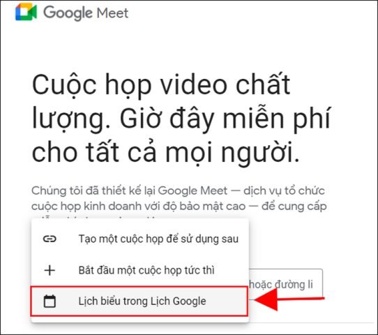 Chọn Lịch biểu trong Lịch Google - Cách cài đặt Google Meet trên máy tính