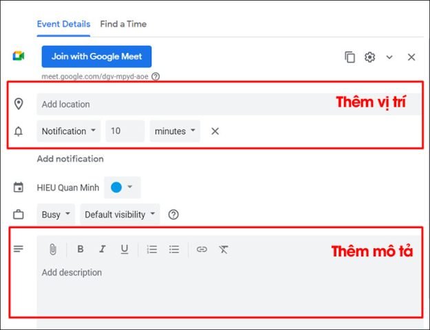 Thêm vị trí và mô tả cho buổi học online - Cách cài đặt Google Meet trên máy tính