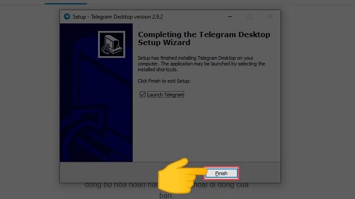 Màn hình hoàn tất cài đặt Telegram với tùy chọn 'Finish'.