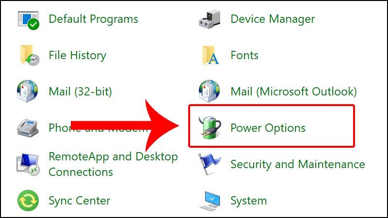 Tìm Power Options trong Control Panel