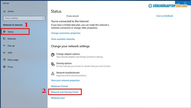 Thiết lập IP tĩnh cho máy tính: Chọn Network and Sharing Center trong cài đặt mạng