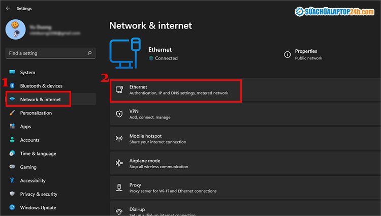 Chá»n Network & Internet và tên mạng Ethernet để cài IP tĩnh cho máy tính Win 11